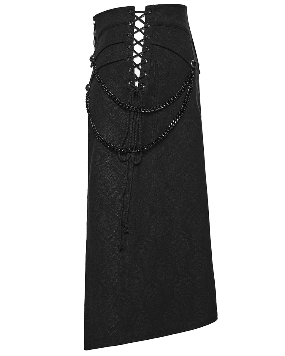 PR-WQ-984BQM-BKM Mens Dark Gothic Damask Chained Half-Skirt Kilt