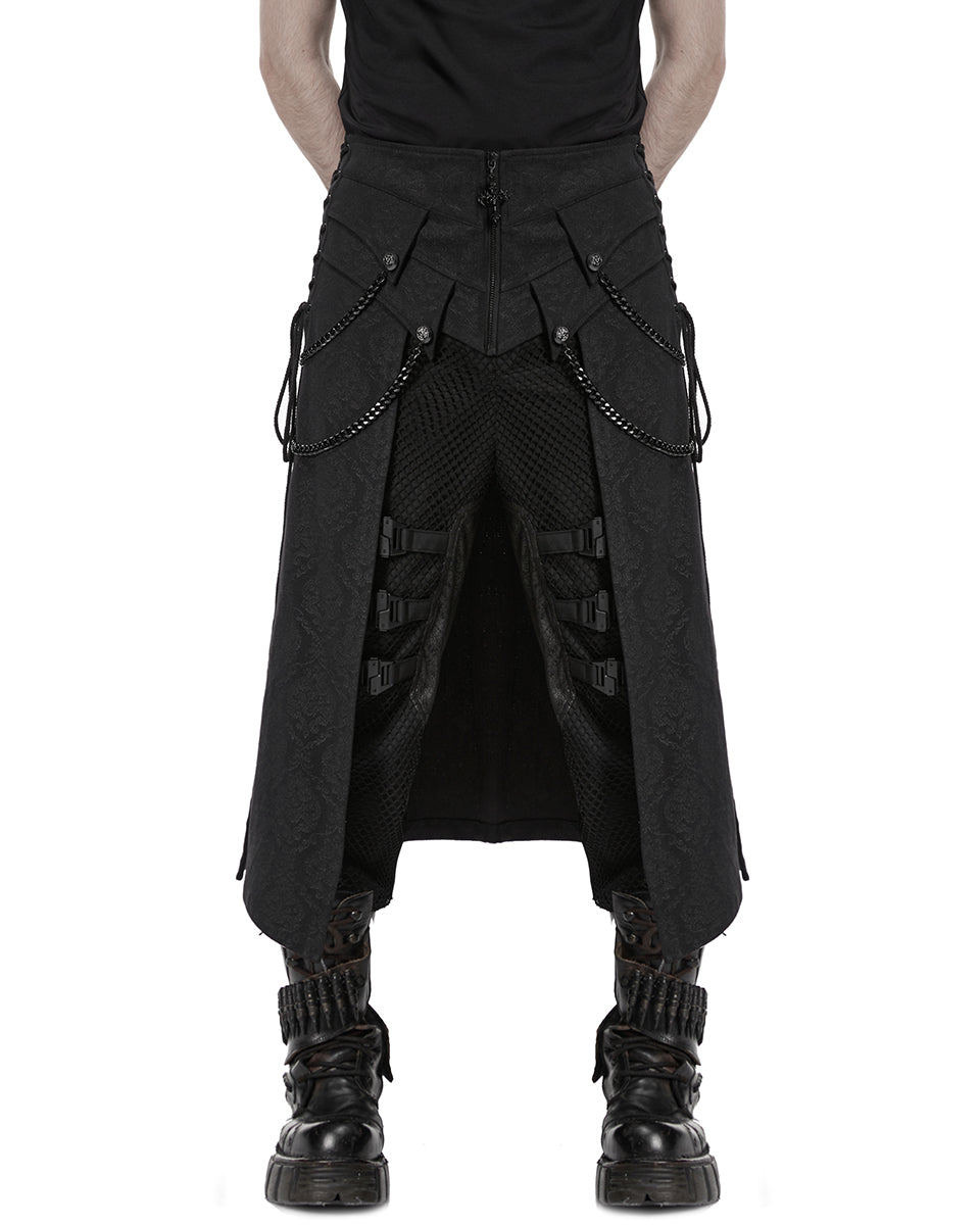 PR-WQ-984BQM-BKM Mens Dark Gothic Damask Chained Half-Skirt Kilt