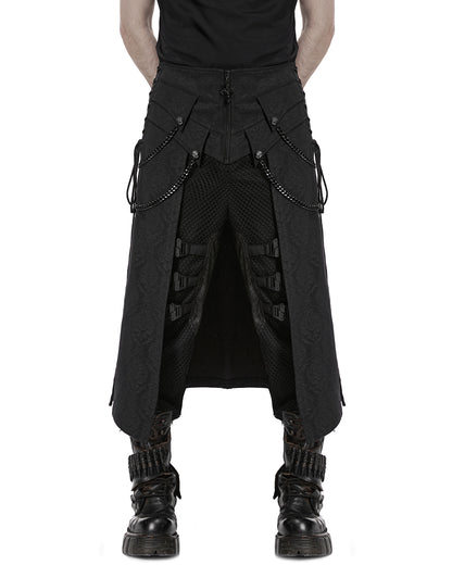 PR-WQ-984BQM-BKM Mens Dark Gothic Damask Chained Half-Skirt Kilt