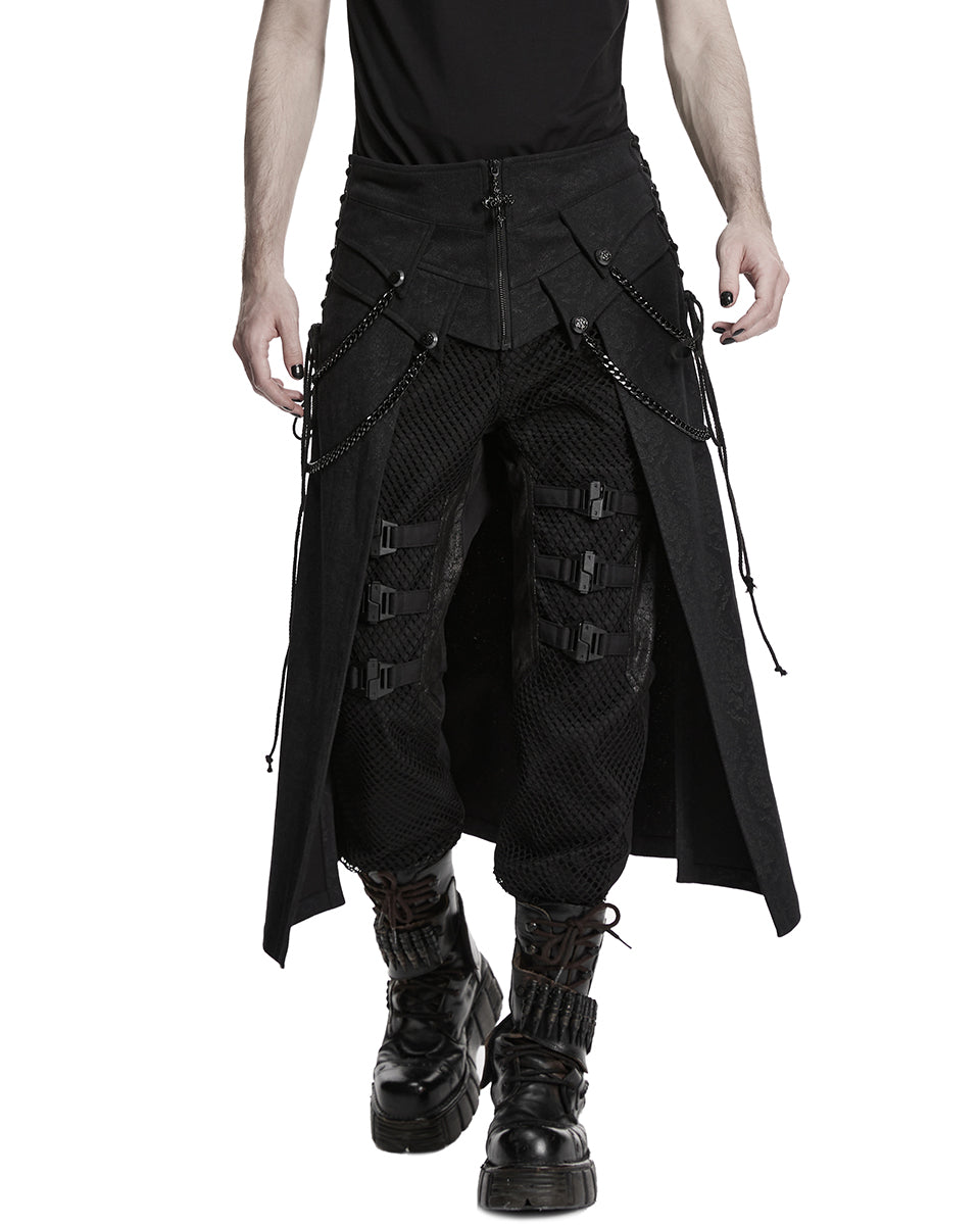 PR-WQ-984BQM-BKM Mens Dark Gothic Damask Chained Half-Skirt Kilt
