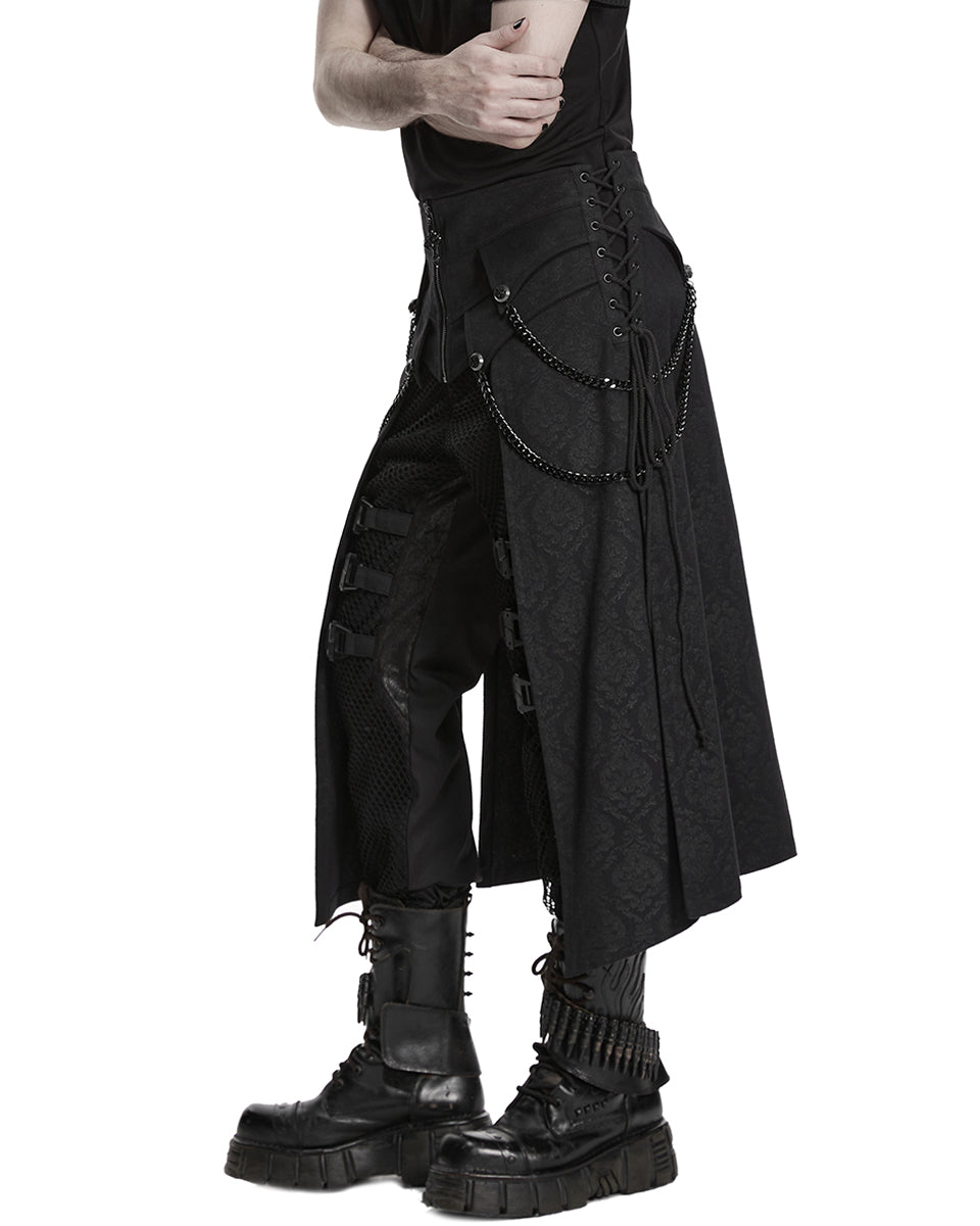 PR-WQ-984BQM-BKM Mens Dark Gothic Damask Chained Half-Skirt Kilt