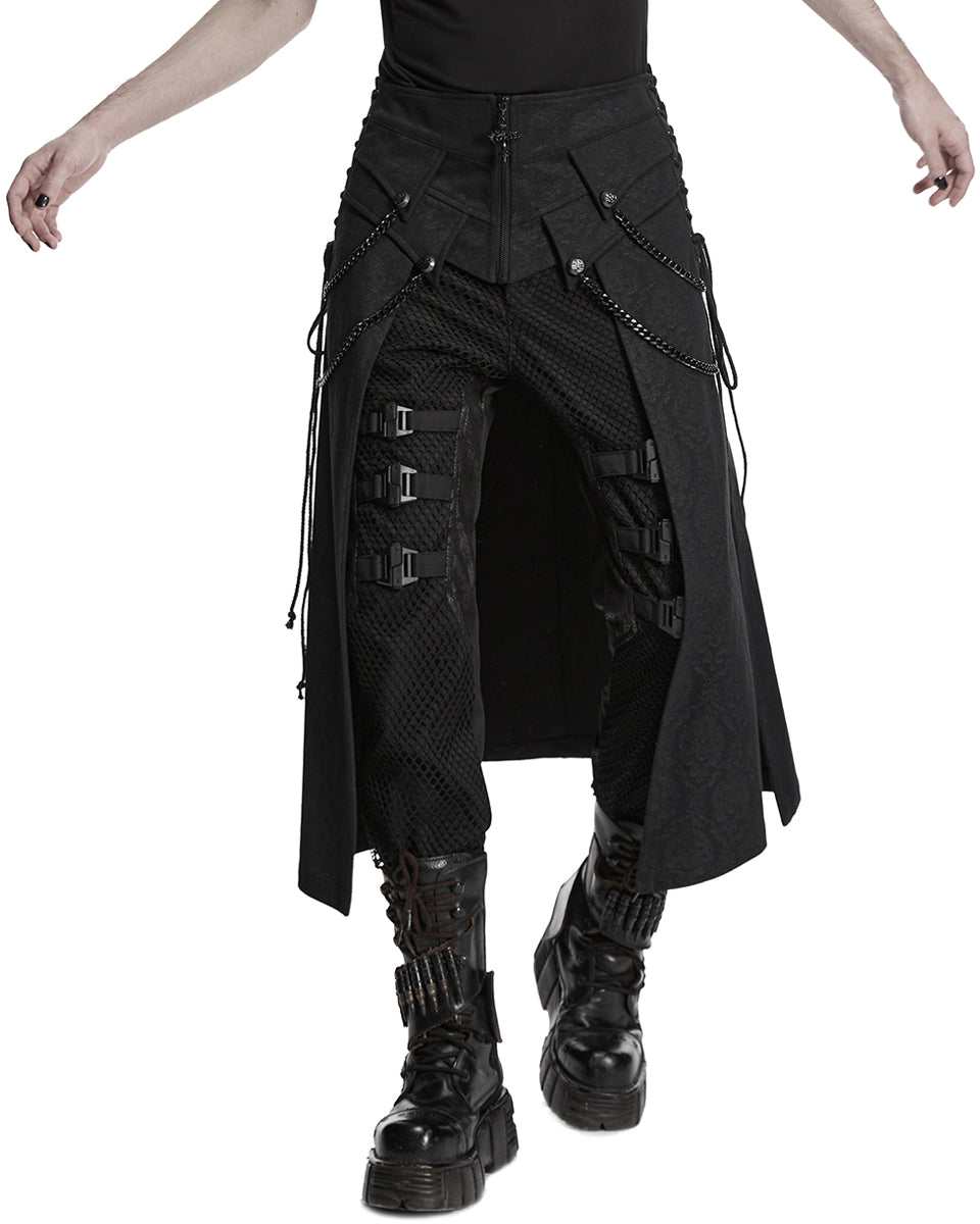 PR-WQ-984BQM-BKM Mens Dark Gothic Damask Chained Half-Skirt Kilt