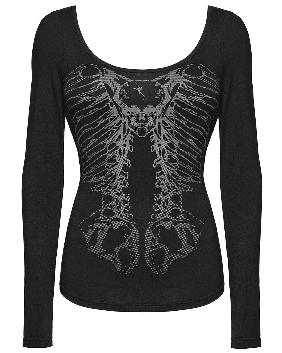 WT-945TCF Womens Gothic Skull Print Laser Cut Spinal Ring Lonf Sleeve Top