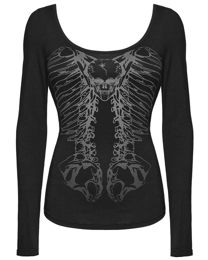 WT-945TCF Womens Gothic Skull Print Laser Cut Spinal Ring Lonf Sleeve Top