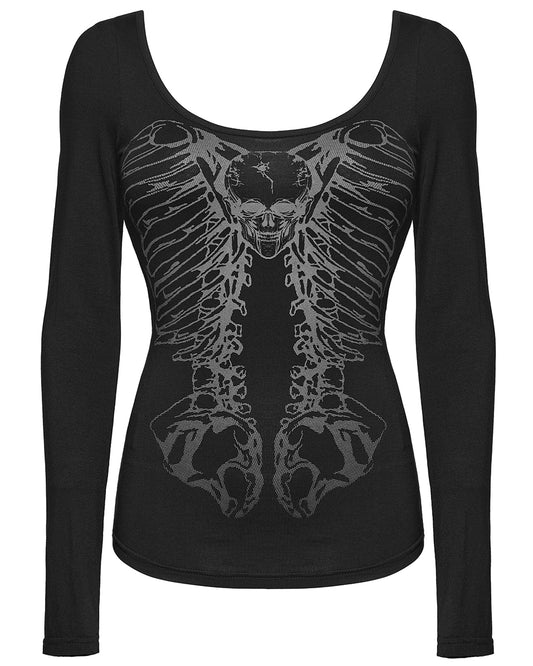 WT-945TCF Womens Gothic Skull Print Laser Cut Spinal Ring Lonf Sleeve Top