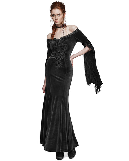 PR-DQ-641LQF-BKF Classic Gothic Off Shoulder Maxi Dress - Extended Size Range - Black Velvet