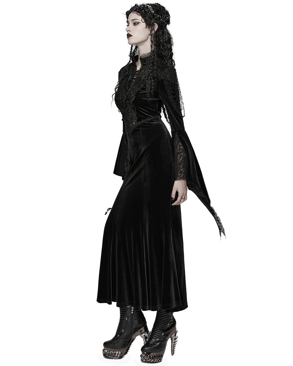 WQ-898LQF Womens Long Gothic Velvet & Lace Beaded & Embroidered Maxi Dress