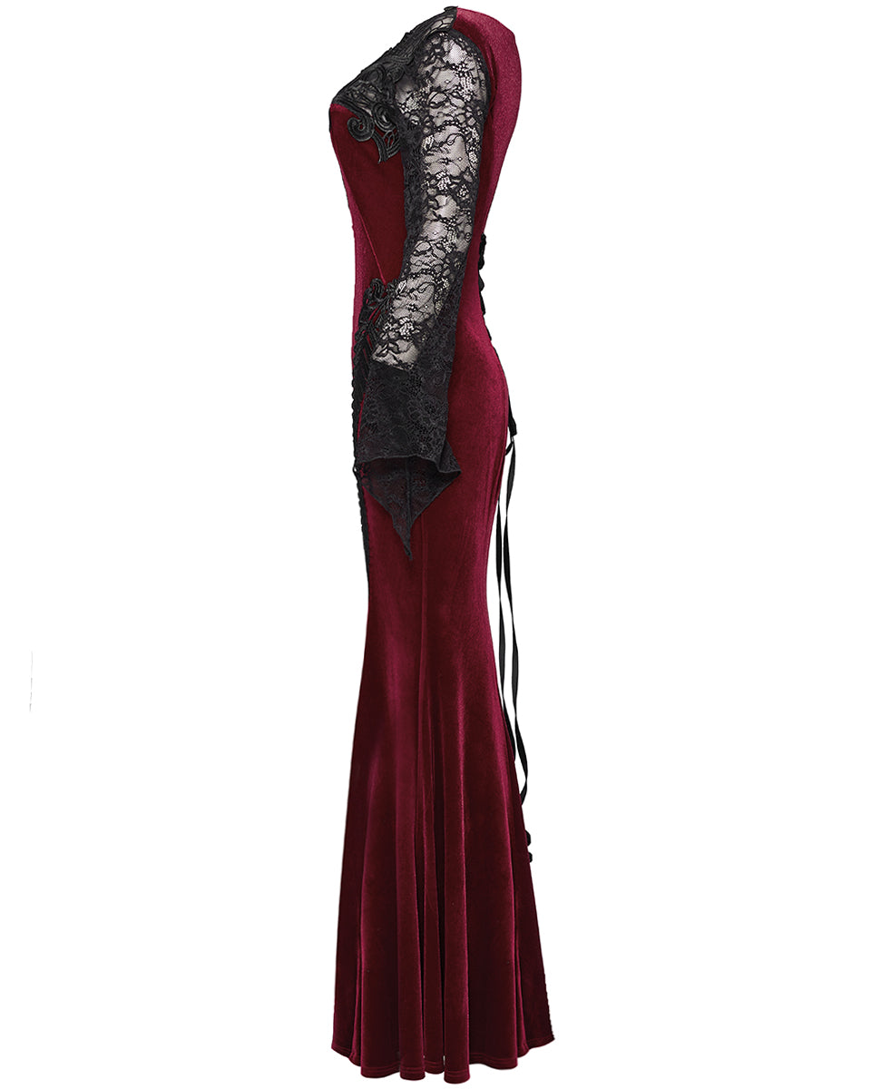 WQ-763LQF Womens Long Gothic Velvet & Lace Applique Maxi Dress - Red