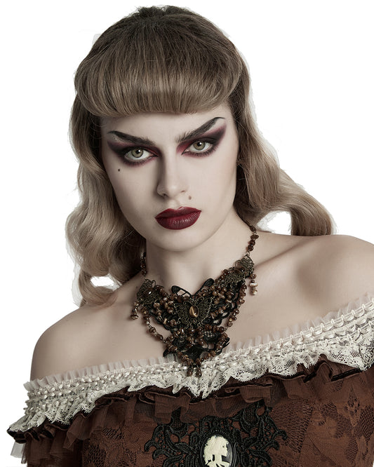 WS-778LHF-COF Womens Steampunk Butterfly Choker Necklace - Black & Brown