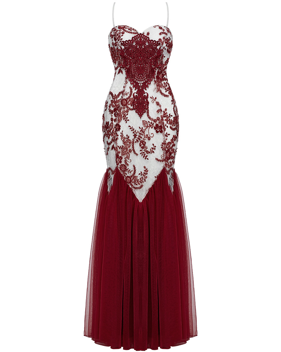WQ-859DQF-WHRDF Womens Long Gothic Floral Sequined Wedding Prom Dress - White & Red