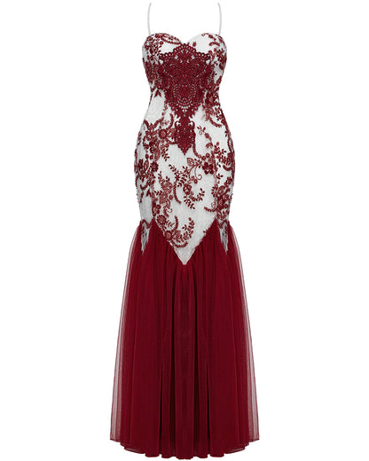 WQ-859DQF-WHRDF Womens Long Gothic Floral Sequined Wedding Prom Dress - White & Red