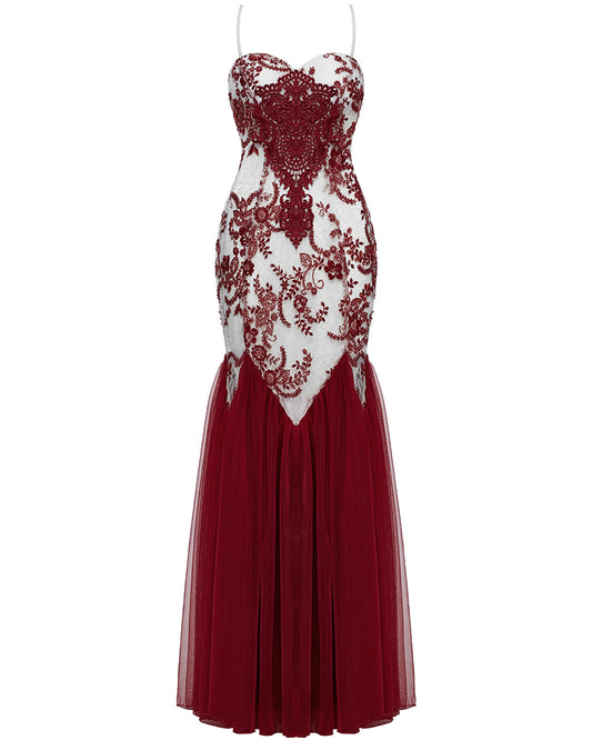 WQ-859DQF-WHRDF Womens Long Gothic Floral Sequined Wedding Prom Dress - White & Red