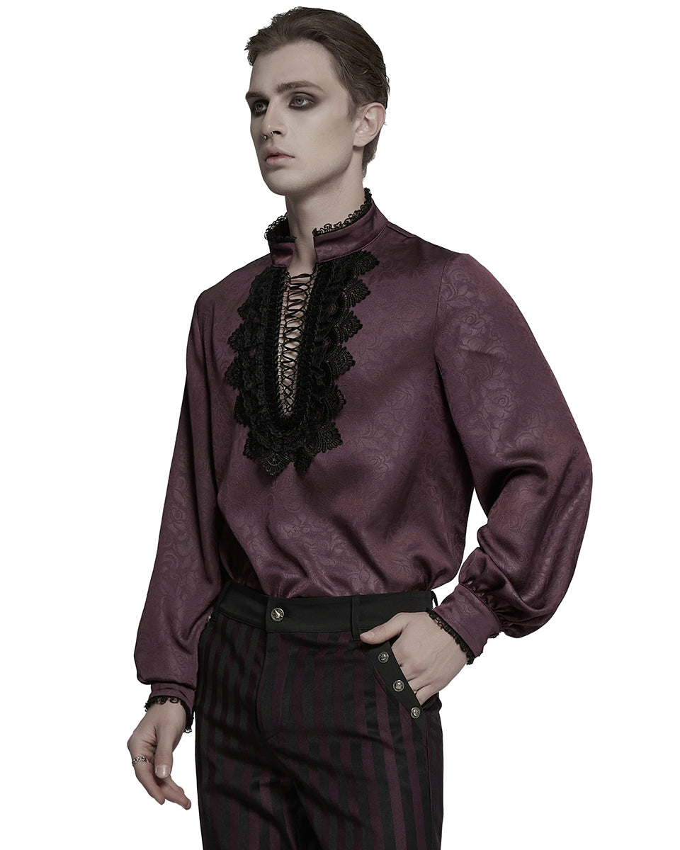PR-WY-1785 Mens Gothic Embossed Print Lace-Up Pirate Shirt - Red