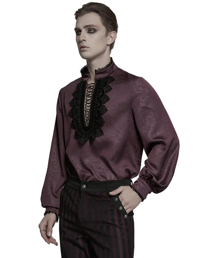 PR-WY-1785 Mens Gothic Embossed Print Lace-Up Pirate Shirt - Red