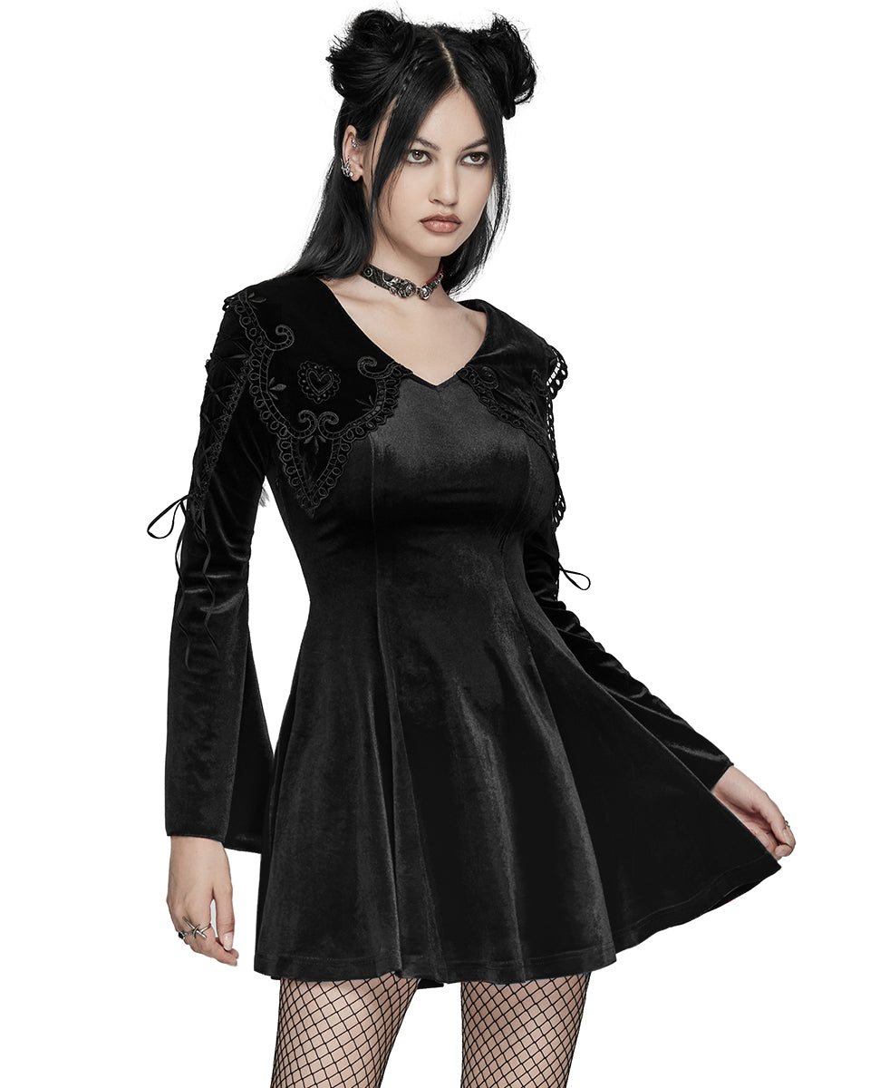 WQ-770DQF Womens Gothic Velvet Mini Dress With Oversize Embellished Collar - Black