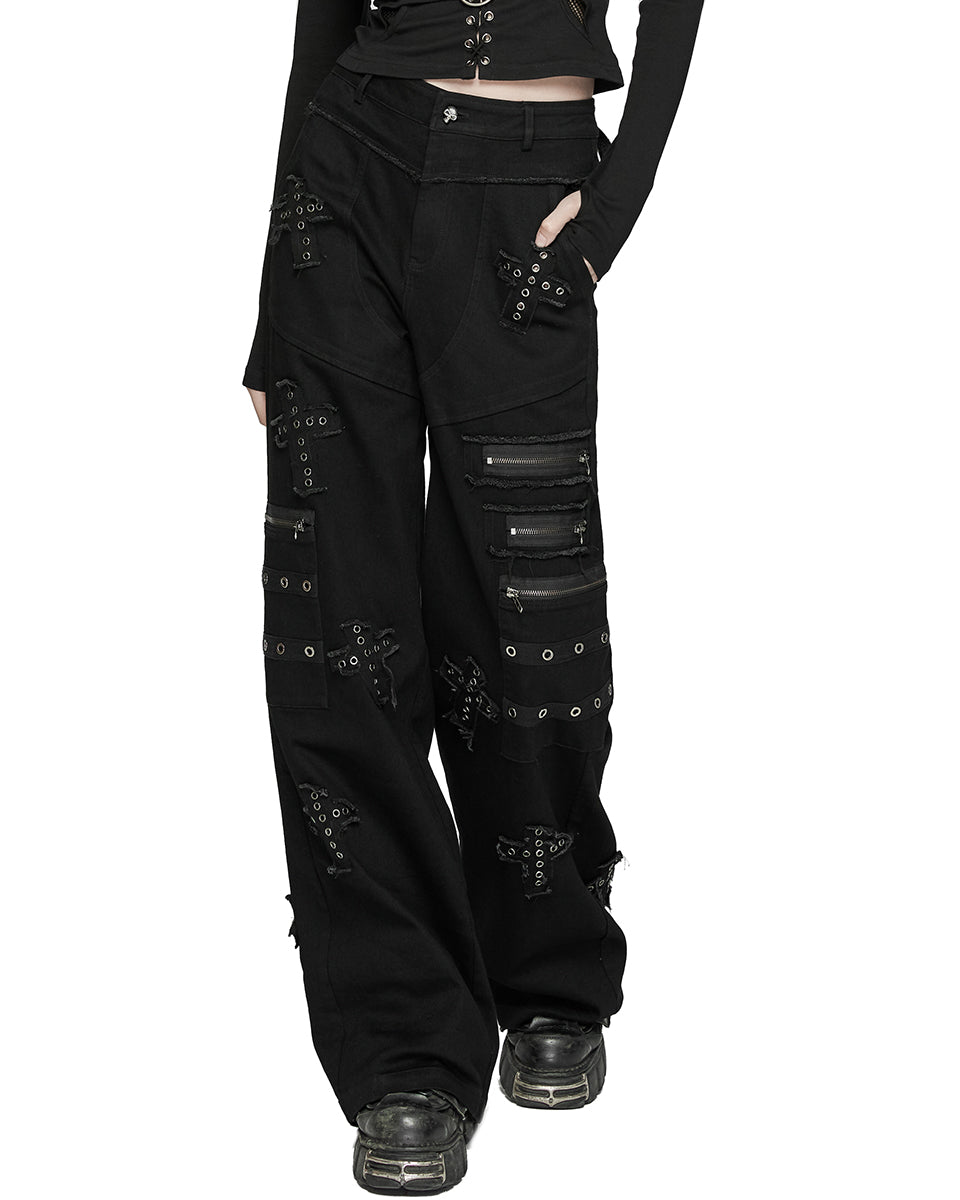 WK-658NCF Womens Apocalyptic Gothic Cut & Sew Crucifix Cargo Pants