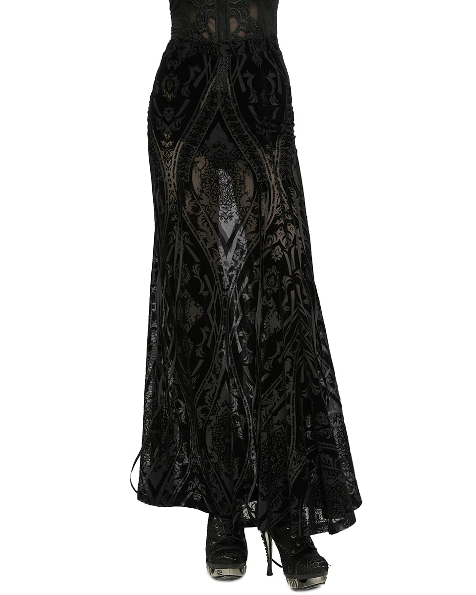 WQ-769BQF Womens Long Gothic Damask Flocked Mesh Fiashtail Maxi Skirt