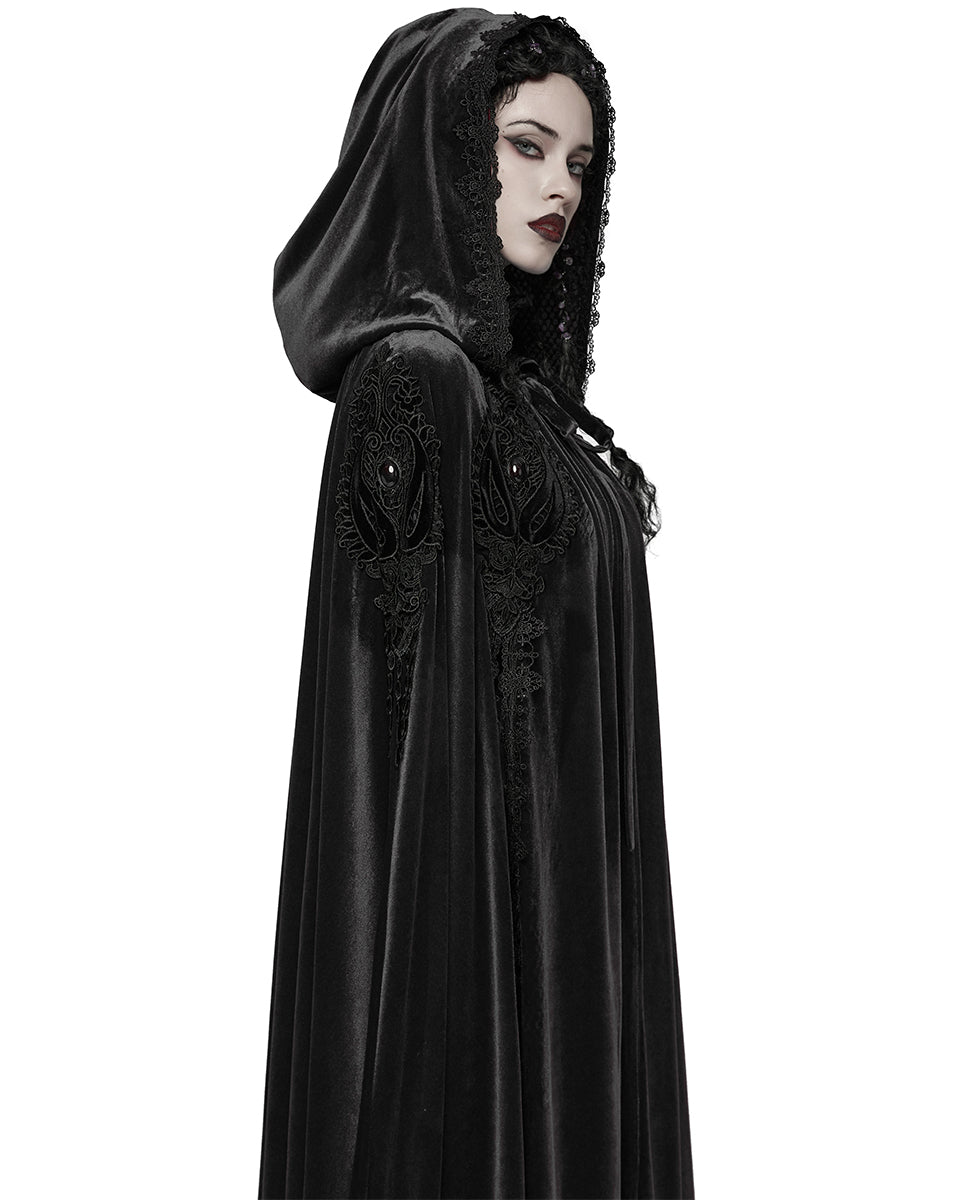 WY-1824DPF Womens Long Gothic Velvet & Lace Applique Hooded Cloak - Black