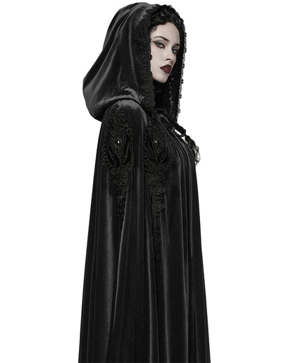 WY-1824DPF Womens Long Gothic Velvet & Lace Applique Hooded Cloak - Black
