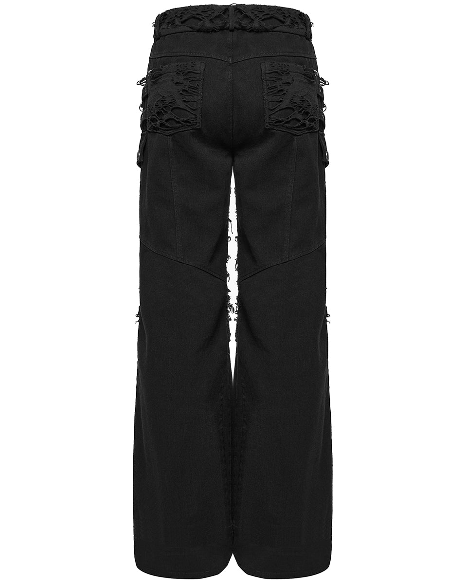 WK-707XCM-BKM Mens Apocalptic Gothic Studded Shredded Mesh Inset Pants
