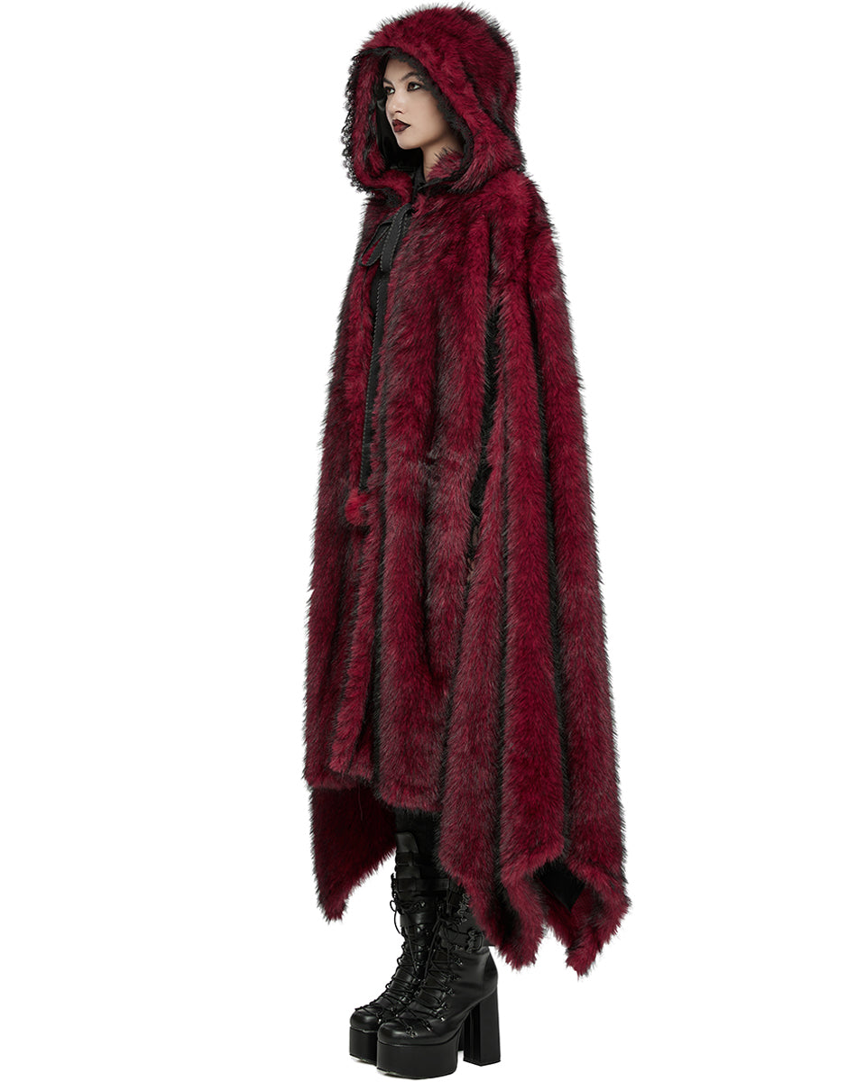 WY-1663DPF Womens Long Gothic Faux Fur Asymmetric Hooded Winter Cloak - Red
