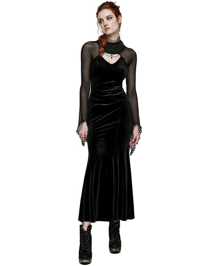 PR-WQ-666LQF-BKF Womens Regency Gothic Velvet & Mesh Beaded Evening Dress