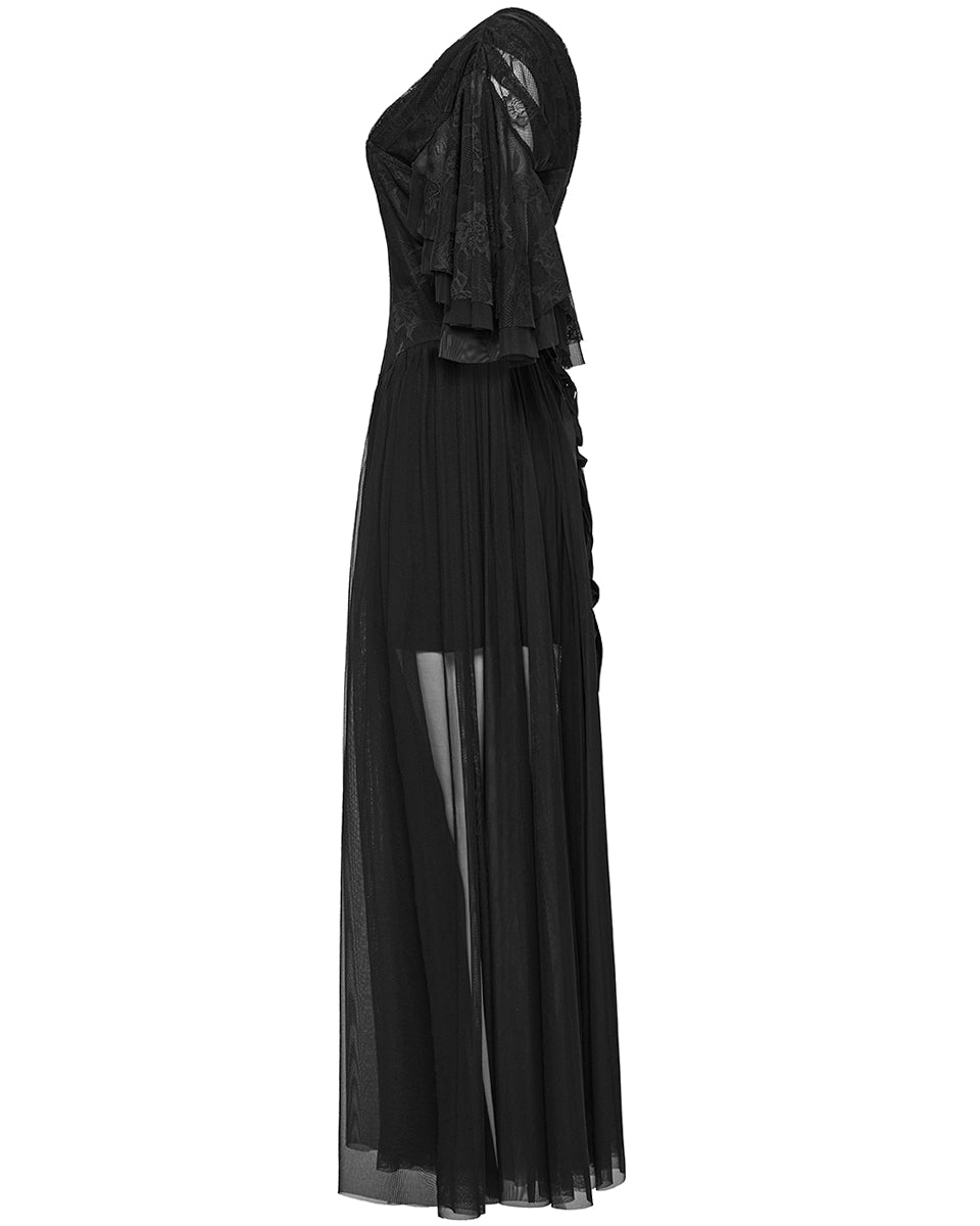 OQ-805LQF Daily Life Long Gothic Rose Lace & Pleated Mesh Lace Up Maxi Dress