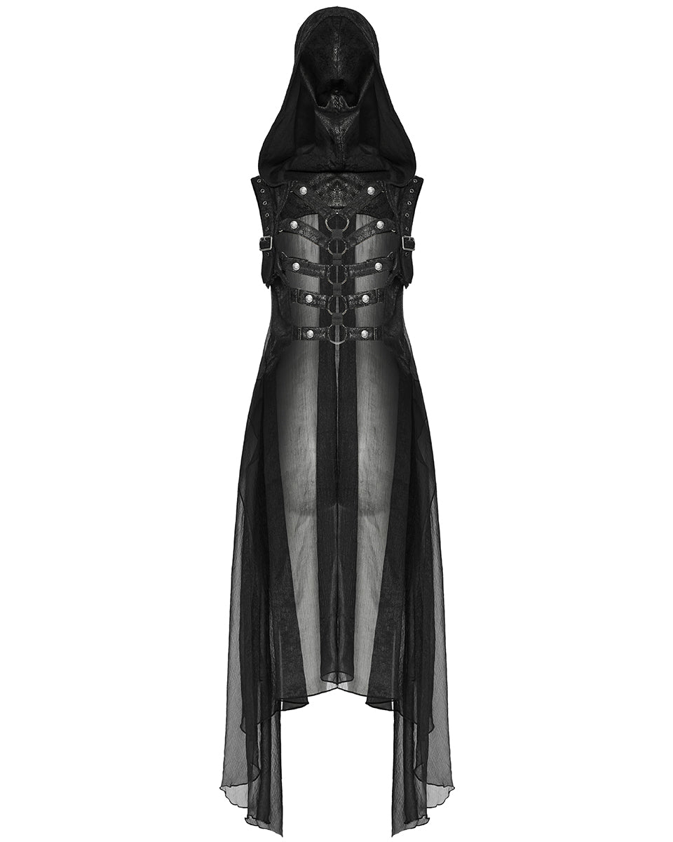 WY-1711MJF-BKF Womens Gothic Cyberpunk Hooded Harness Chiffon Cloak Cape