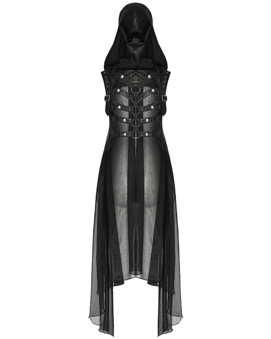 WY-1711MJF-BKF Womens Gothic Cyberpunk Hooded Harness Chiffon Cloak Cape
