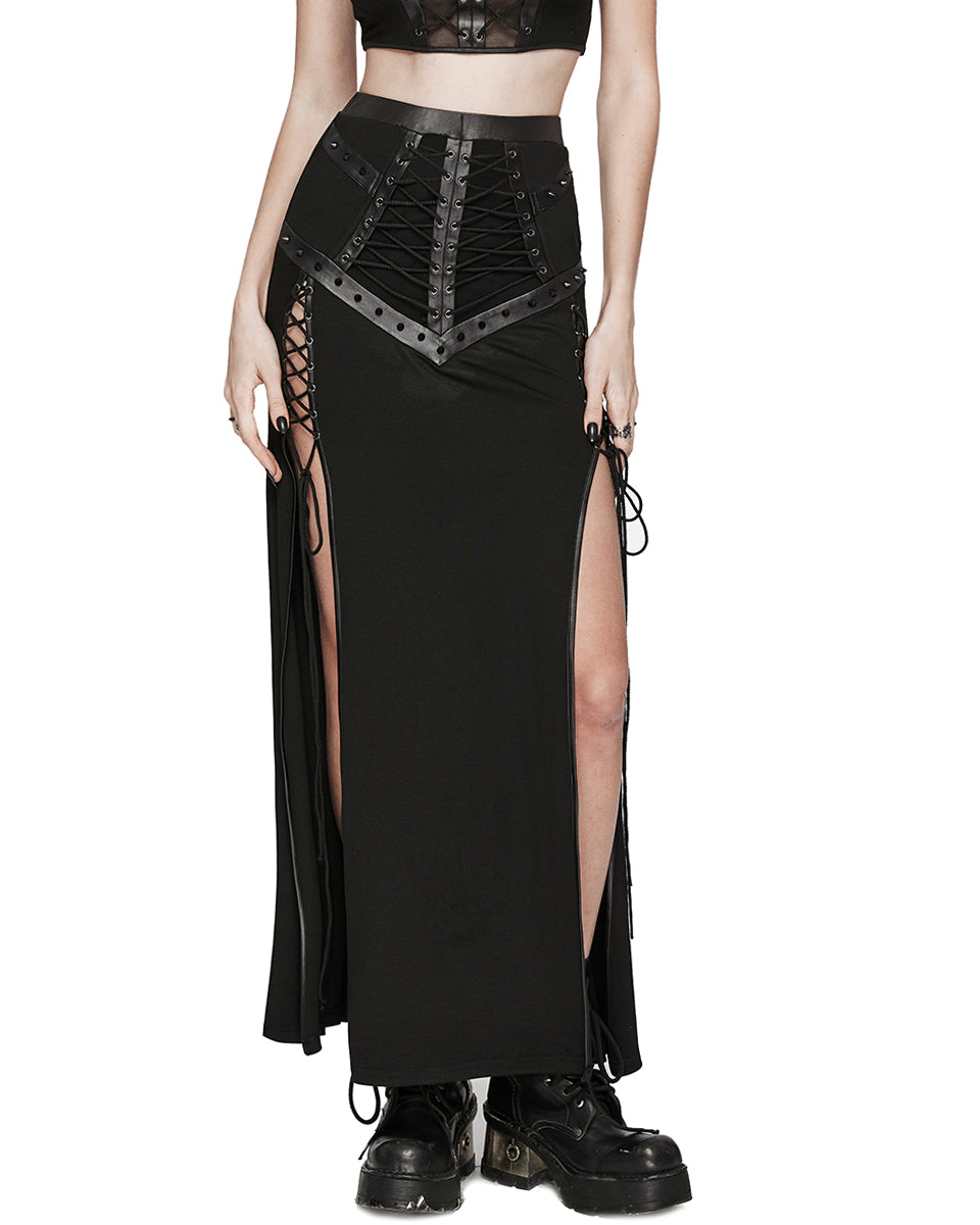 WQ-696BQF-BKF Daily Life Long Gothic Techwear Side-Split Lacing Maxi Skirt