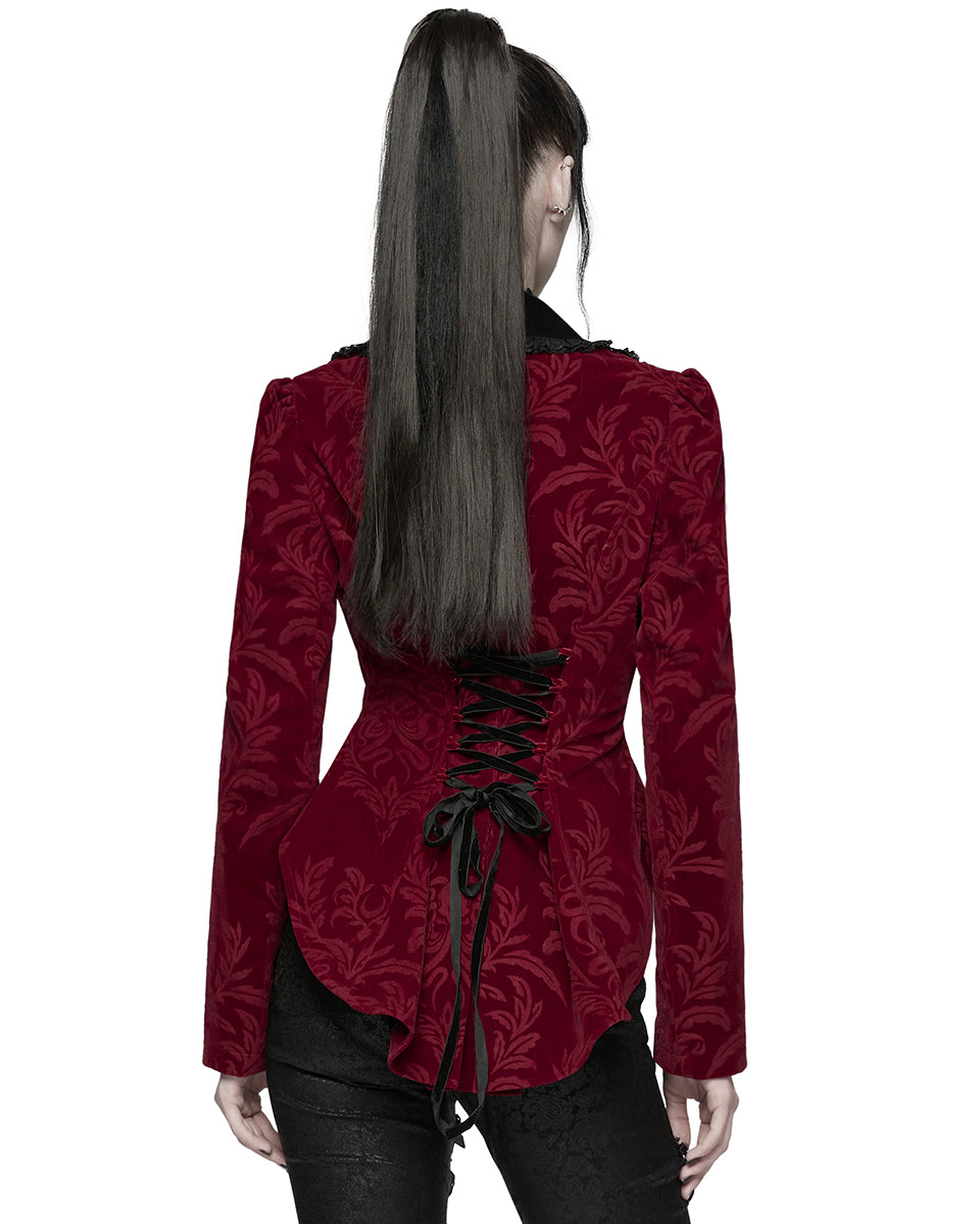 WY-1833LDF Womens Gothic Aristocrat Damask Velvet Frock Coat Jacket - Red