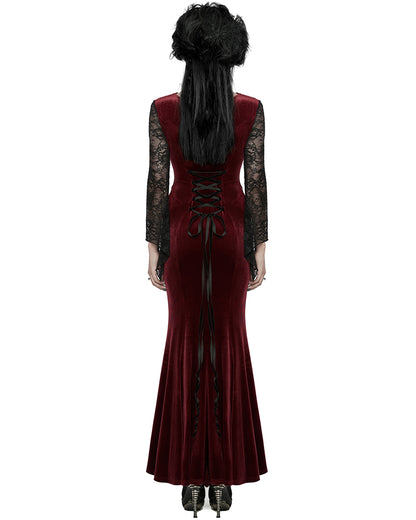 WQ-763LQF Womens Long Gothic Velvet & Lace Applique Maxi Dress - Red