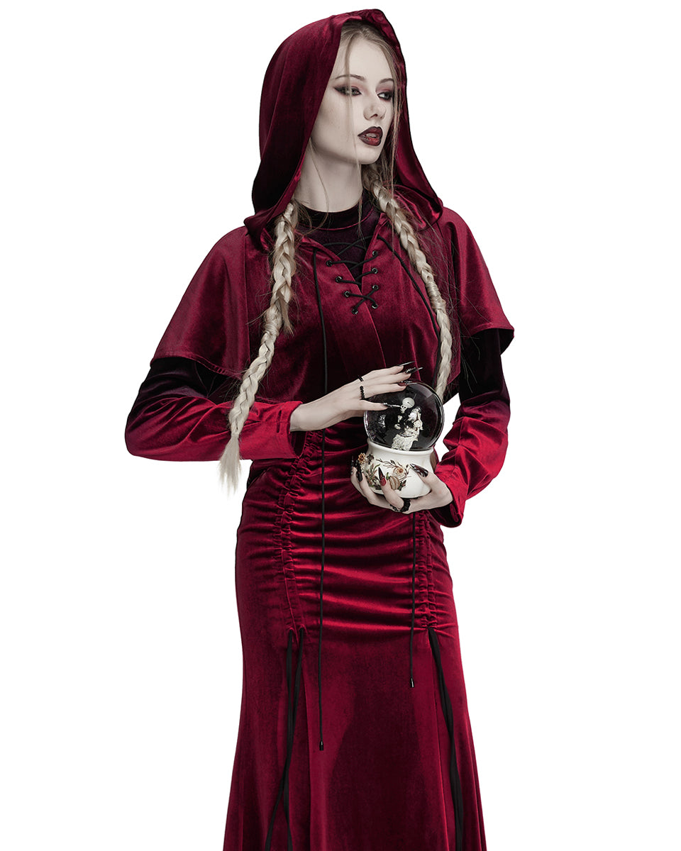 OPY-444DQF Daily Life Womens Velvet Gothic Lolita Hooded Split Tails Bolero Cape - Red