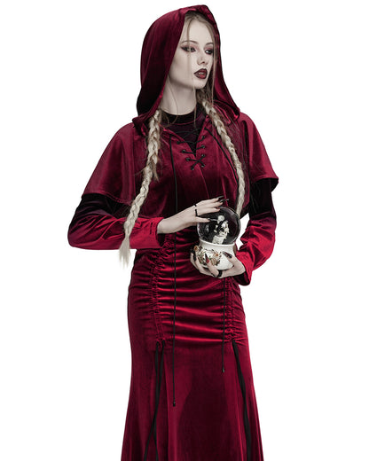 OPY-444DQF Daily Life Womens Velvet Gothic Lolita Hooded Split Tails Bolero Cape - Red