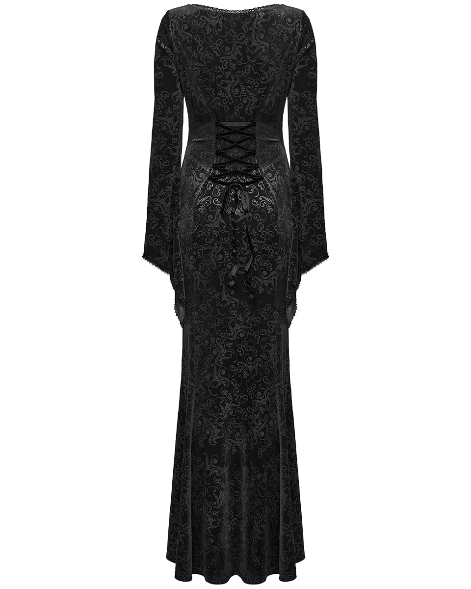 WQ-741LQF Womens Long Baroque Gothic Embossed Velvet Maxi Dress - Black