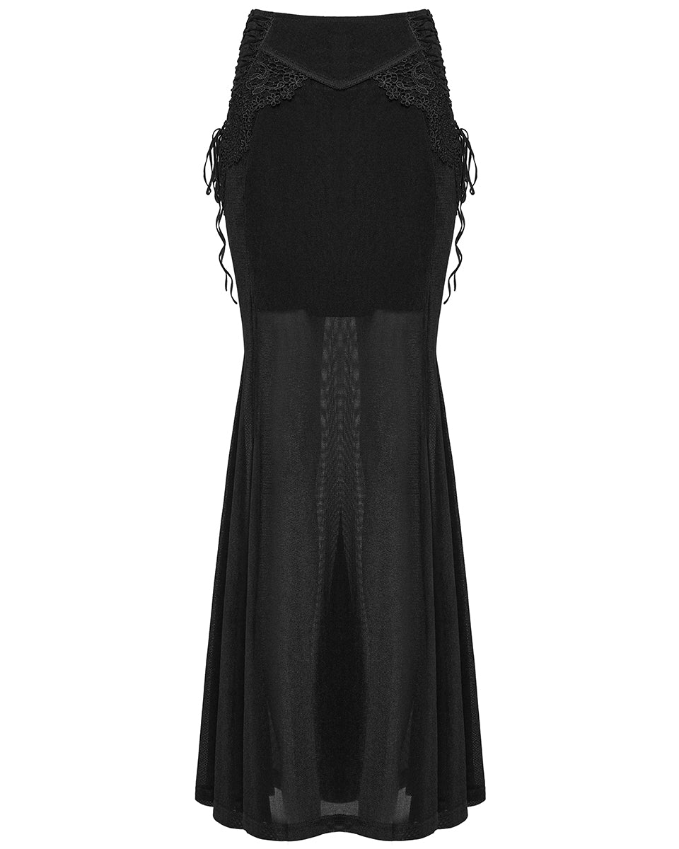 PR-WQ-929BQF-BKF Womens Long Gothic Velvet & Lace Applique Maxi Skirt