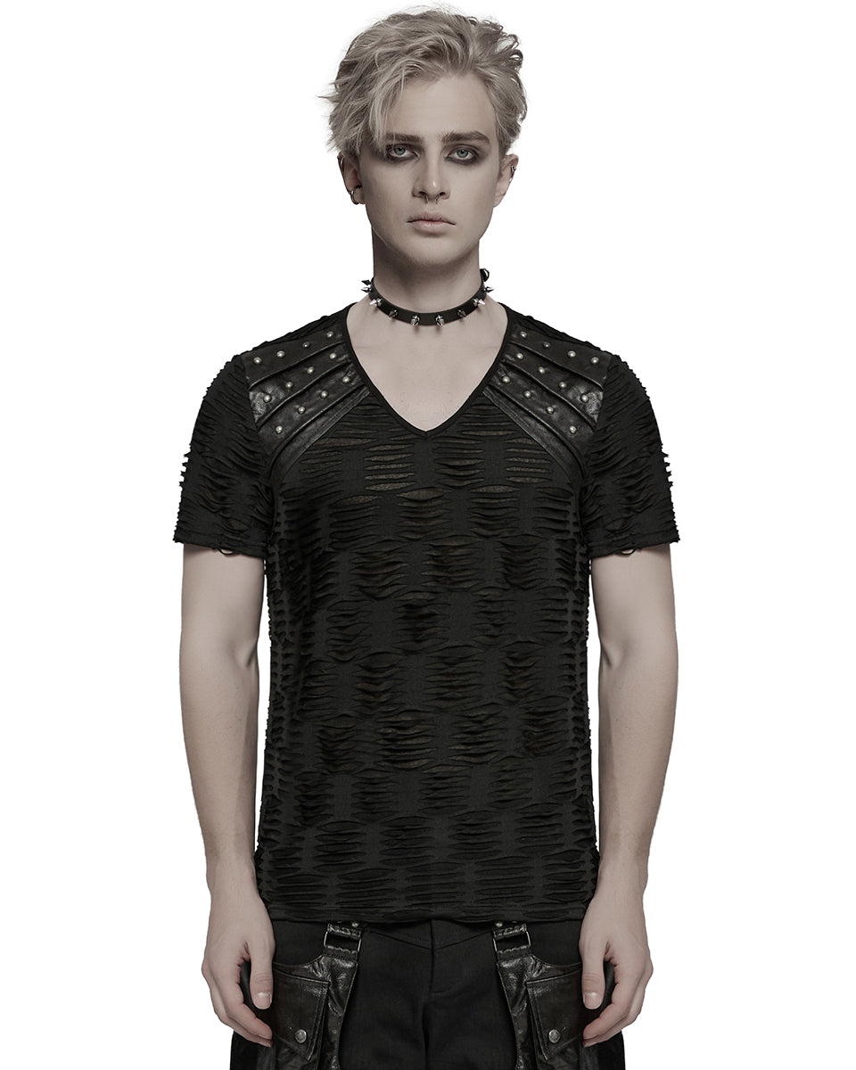 WT-1011TDM-BKM Mens Apocalyptic Gothic Shredded & Studded Broken Knit T Shirt Top