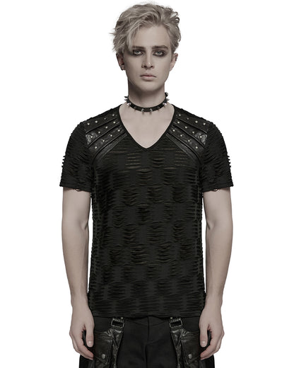 WT-1011TDM-BKM Mens Apocalyptic Gothic Shredded & Studded Broken Knit T Shirt Top