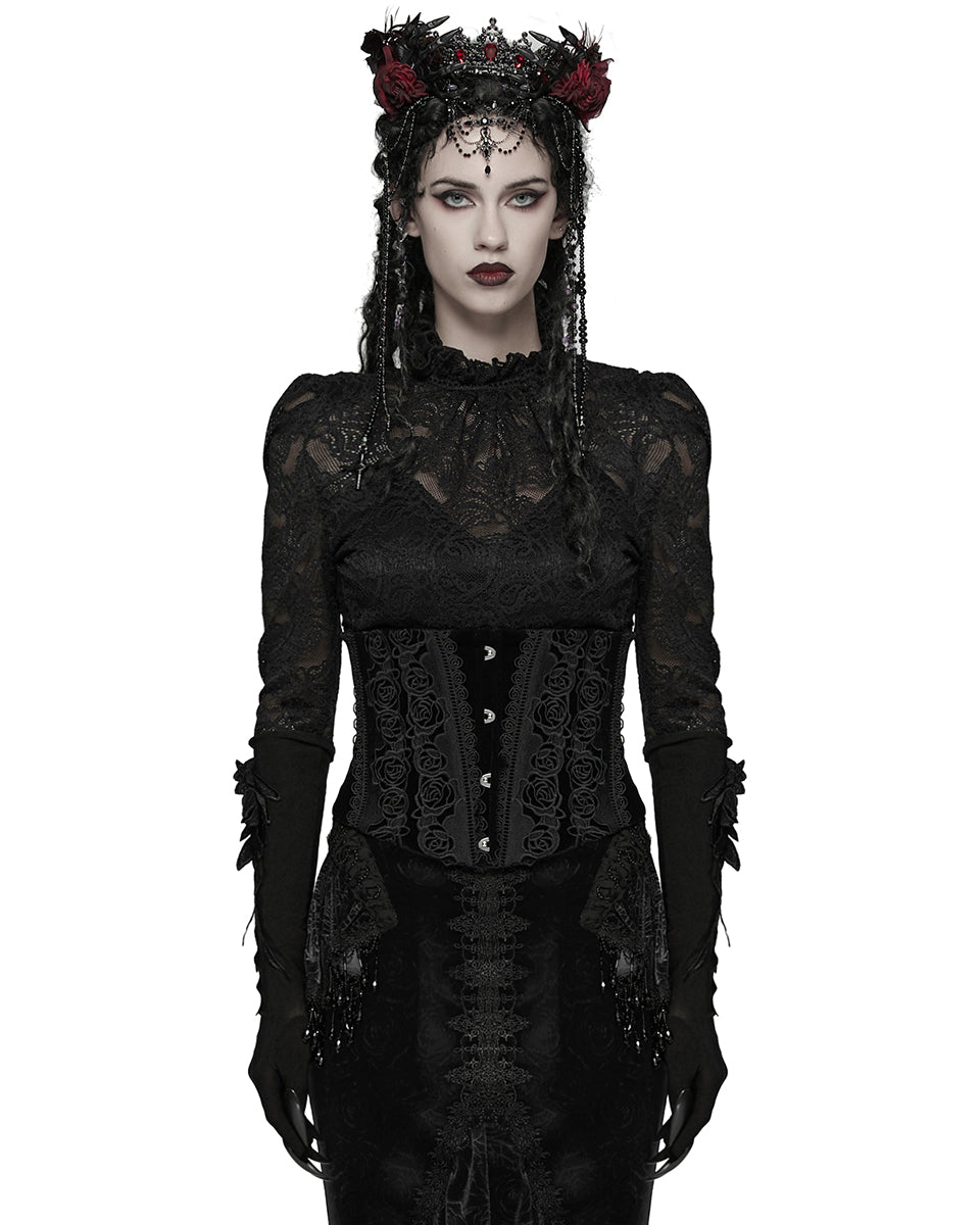 WS-790YDF Womens Baroque Gothic Rose Embroidered Velvet Cincher Corset - Black