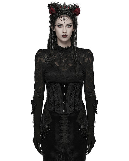 WS-790YDF Womens Baroque Gothic Rose Embroidered Velvet Cincher Corset - Black