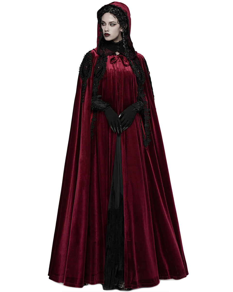 WY-1824DPF Womens Long Gothic Velvet & Lace Applique Hooded Cloak - Red & Black