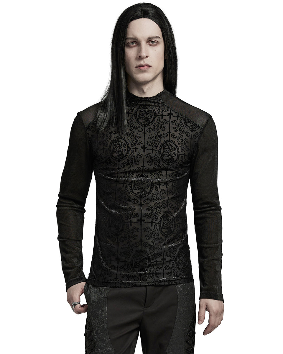 WT-907TCM-BKM Mens Gothic Skull Cameo Mesh Long Sleeve Tee