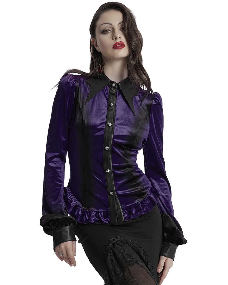 OY-1697DQF-VIF Daily Life Gothic Gradient Velvet Bat Collar Blouse Top - Purple & Black