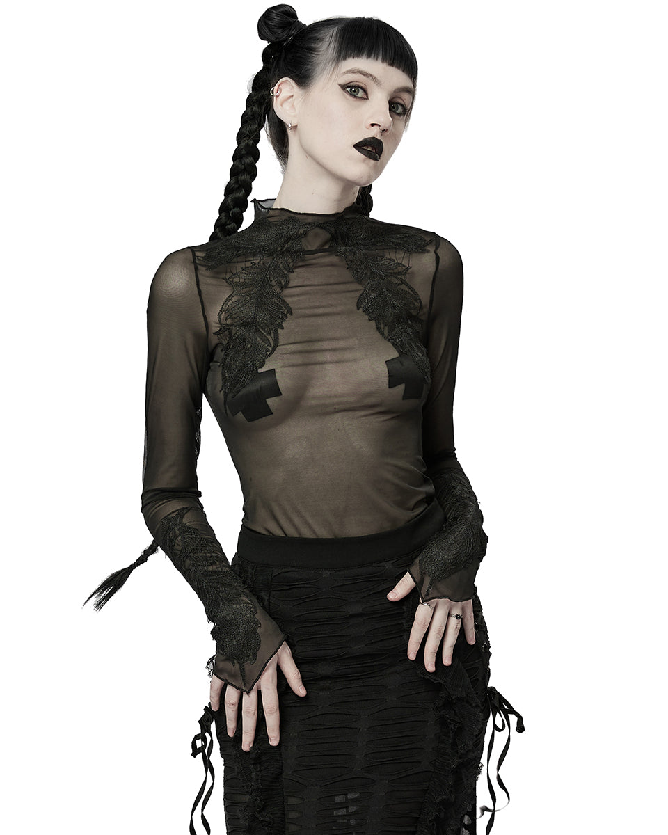 PR-T766-BKF Womens Gothic Sheer Mesh Lace Applique Top