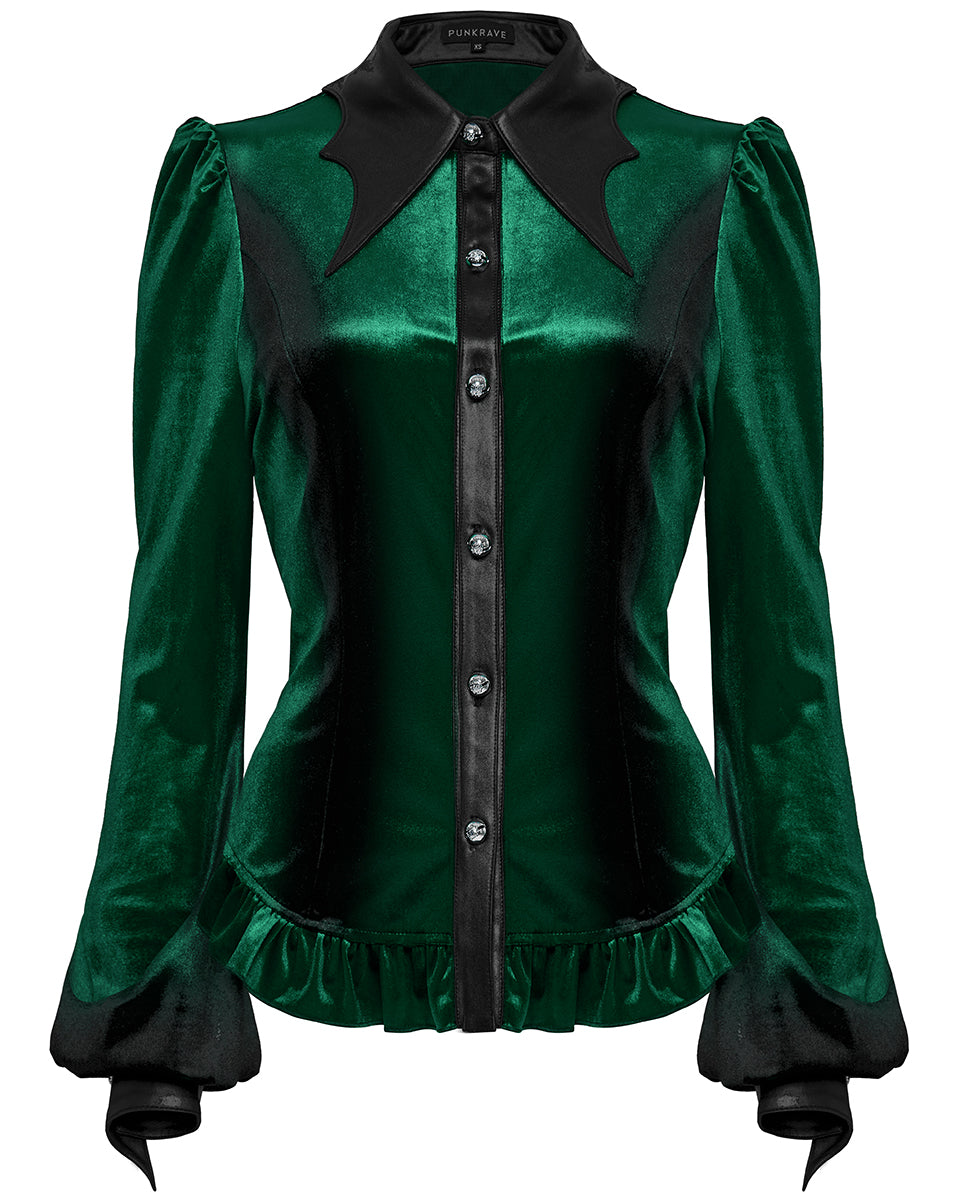 OY-1697DQF-GRF Daily Life Gothic Gradient Velvet Bat Collar Blouse Top - Green & Black