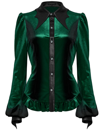 OY-1697DQF-GRF Daily Life Gothic Gradient Velvet Bat Collar Blouse Top - Green & Black