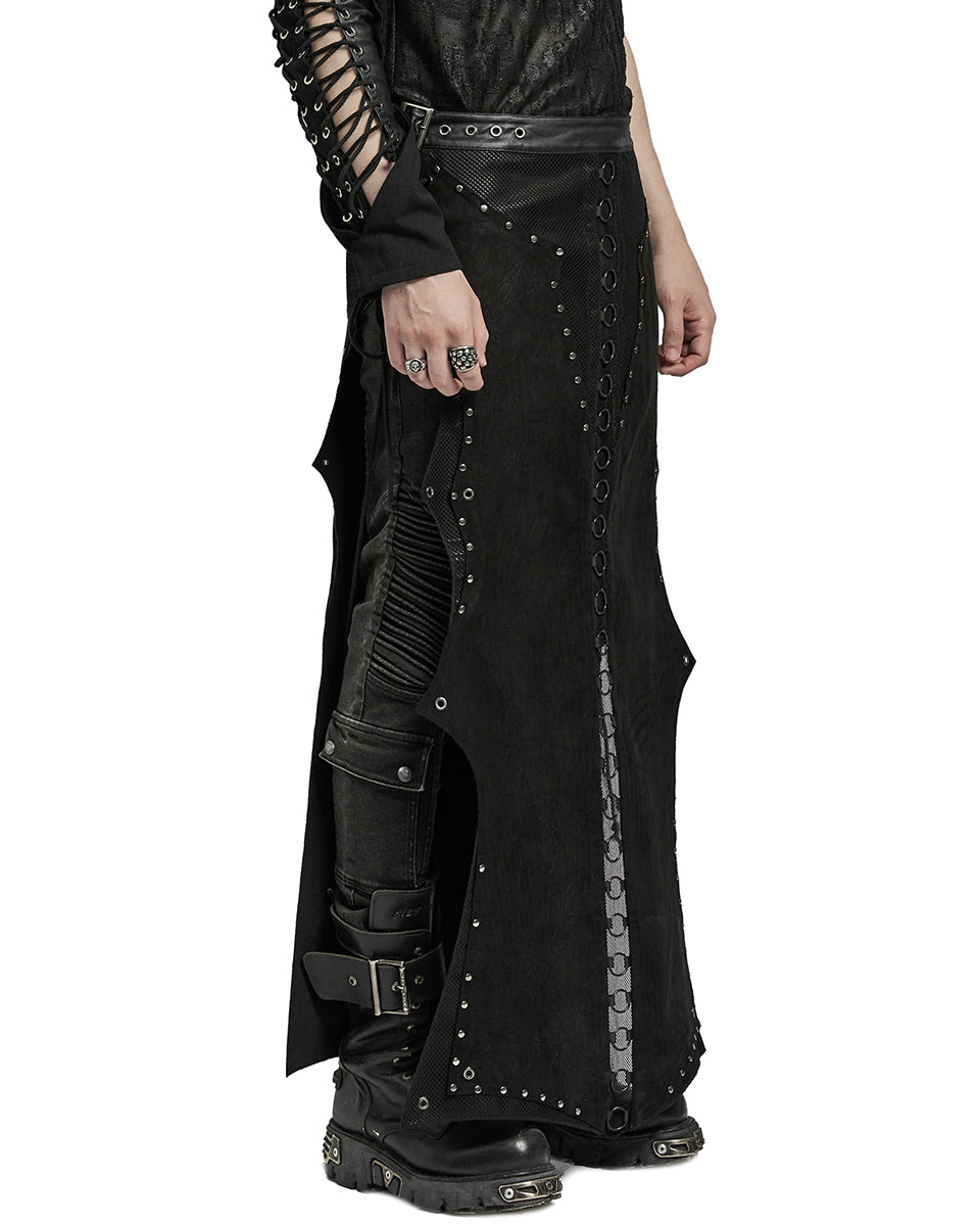 WQ-737BQM-BKM Mens Long Apocalyptic CyberPunk Mesh Contrast Kilt Skirt