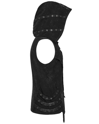 PR-T770-BKM Mens Distressed Apocalyptic Gothic Asymmetric Hooded Tank Top Vest