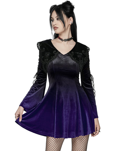 WQ-770LQF Womens Gothic Velvet Mini Dress With Oversize Embellished Collar - Purple & Black Gradient