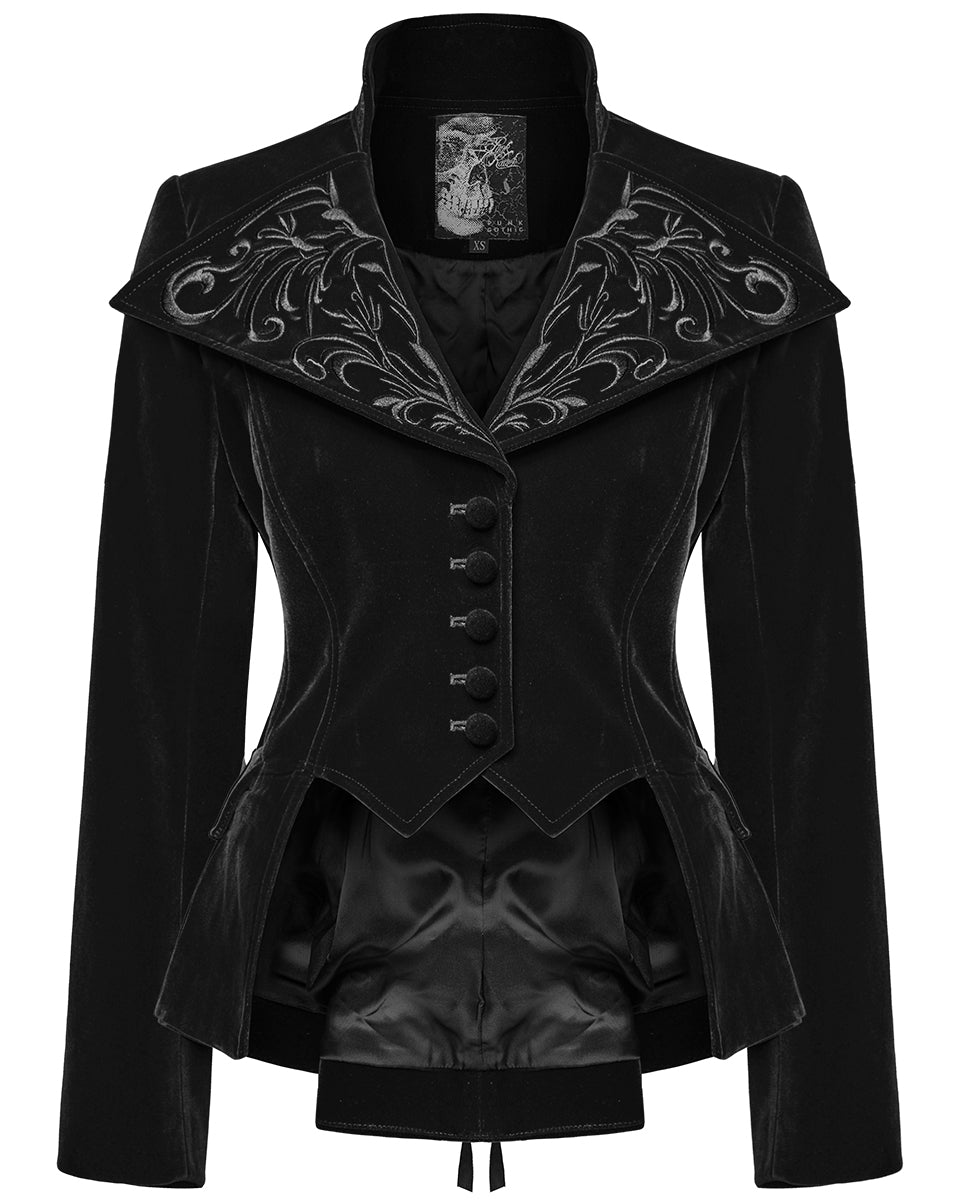 WY-1665XCF Womens Gothic Embroidered Velvet Cutaway Riding Jacket - Black